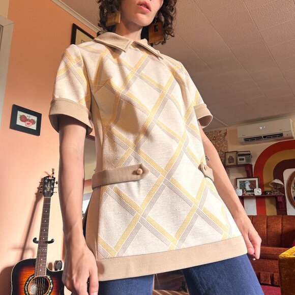 1960s MOD argyle print yellow and grey collared dagger collar short sleeved blou - Picture 1 of 10